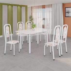 Conjunto de Mesa Tubular com 6 Cadeiras Lara Bege / Branco