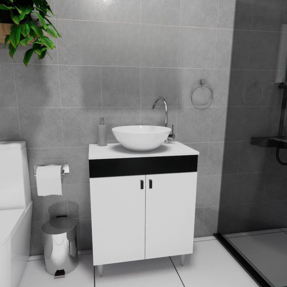 Conjunto Gabinete para Banheiro com Cuba Sevilha Preto/Branco