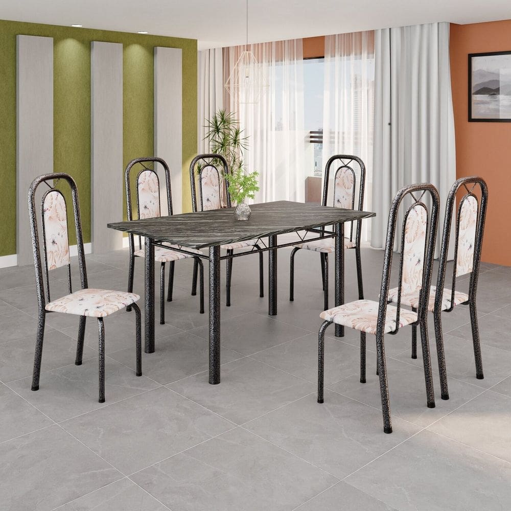 Conjunto Sala de Jantar com 6 Cadeiras Lara Bege / Prata