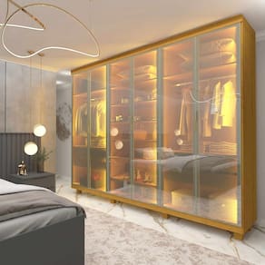 Guarda Roupa 6 Portas Casal Reflecta LED Imperatriz Naturale - Gelius