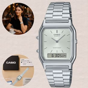 Relógio Casio Anadigi Vintage Prata AQ-230A Hora Dual Digital Analógico Alarme Cronômetro Resistência à Água Pulseira Inox