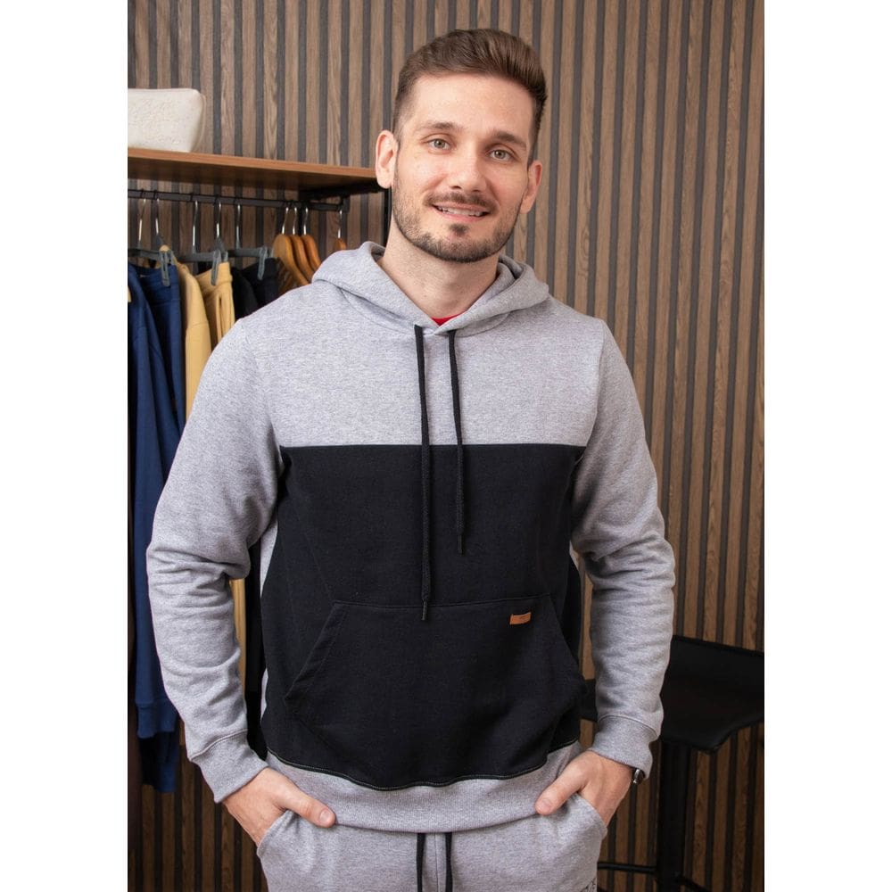 Blusão Masculino Moletom Recorte Preto Capuz e Bolso Canguru Cinza