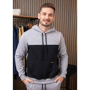 Blusão Masculino Moletom Recorte Preto Capuz e Bolso Canguru Cinza