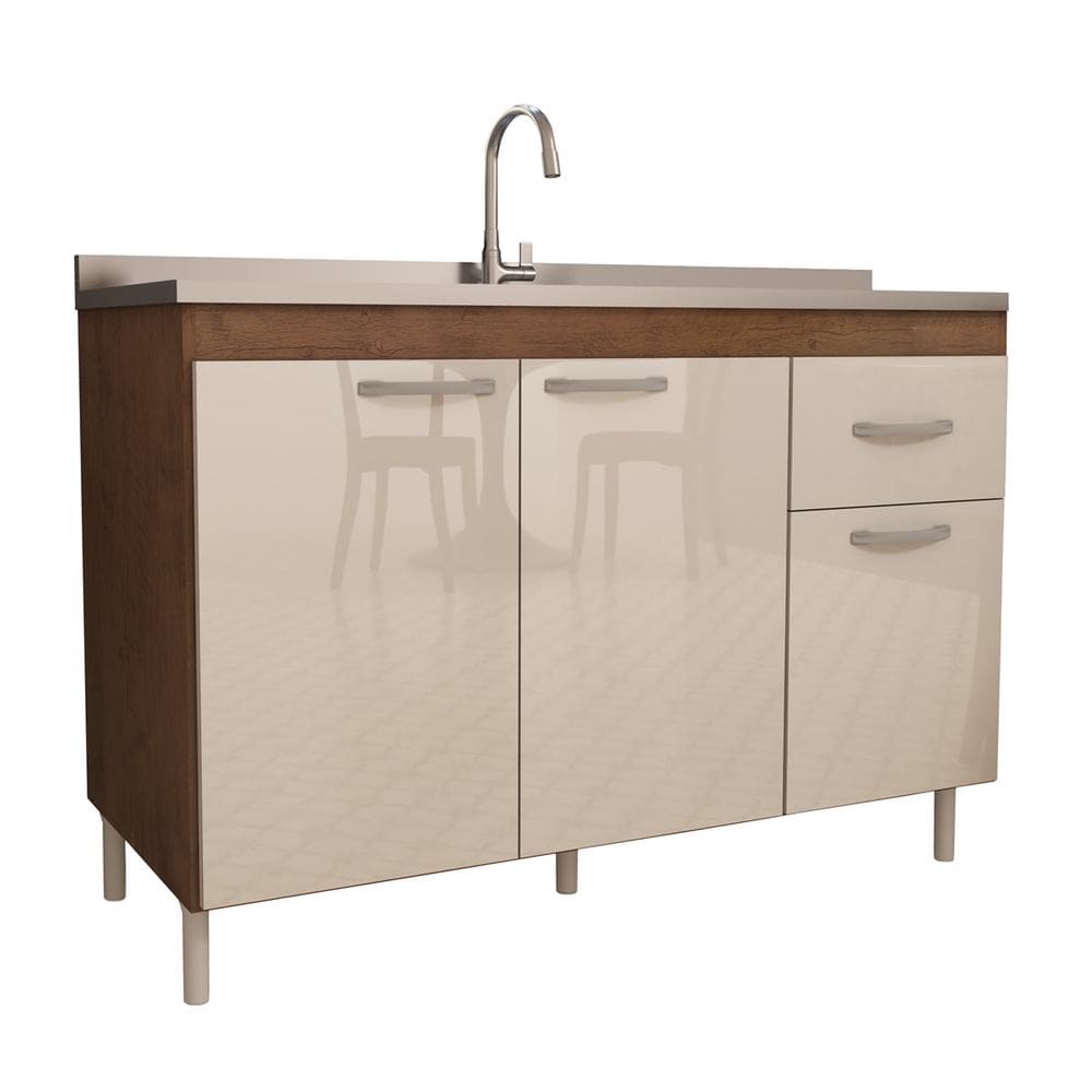 Balcão Gabinete Para Pia 120 Armário Cozinha Multiuso Marrom Off White