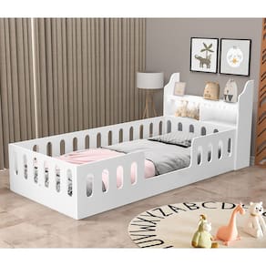 Cama Cercadinho Infantil Criança Mdf Helo Solteiro com Nicho e Led - Branca