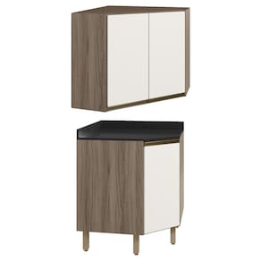 Armario E Balcao Canto Obliquo 75cm MDF Kali Carvalho Toq Off White Cetim Nicioli