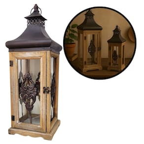 Lanterna Decorativa Madeira e Ferro Rústico Prime 55cm x 19cm - Empório Decor