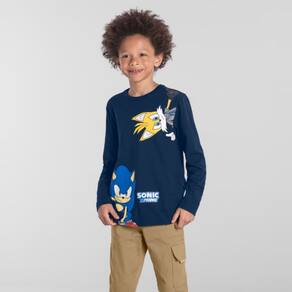 Camiseta Manga Longa Sonic Menino Azul Marinho - Brandili