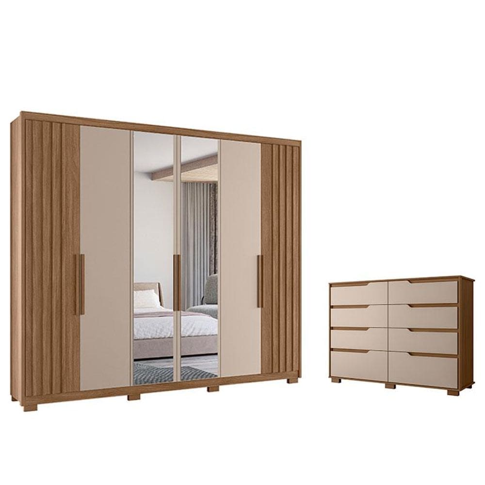 Guarda Roupa Casal Araguaia e Cômoda Georgia Carvalho Fendi com Espelho - Moval