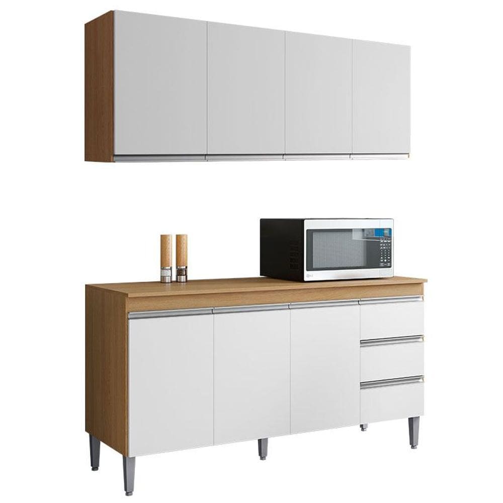 Balcão de Cozinha com Tampo 150cm e Armário Aéreo Andreia Amêndoa Branco - AJL