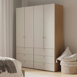 Guarda-roupa 2 Módulos 4 Portas 6 Prateleiras 6 Gavetas Frame Cabecasa madeiramadeira Acácia/Arenas