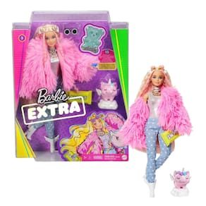 Boneca Barbie Extra com cabelo loiro com listras rosadas e animal de estimação