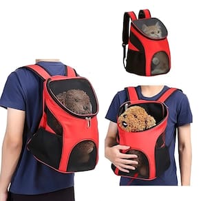 Mochila Para Pets Canguru Passeio Caminhado Viagem Bolsa Transporte Gato Cachorro Com Bolso Lateral Vermelho