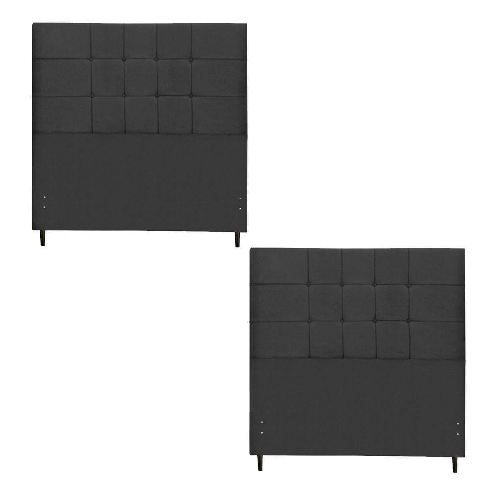 Kit Cabeceira Barcelona Estofada Casal 144Cm Preto Botão Tecido + Cabeceira Barcelona Solteiro 94Cm Preto