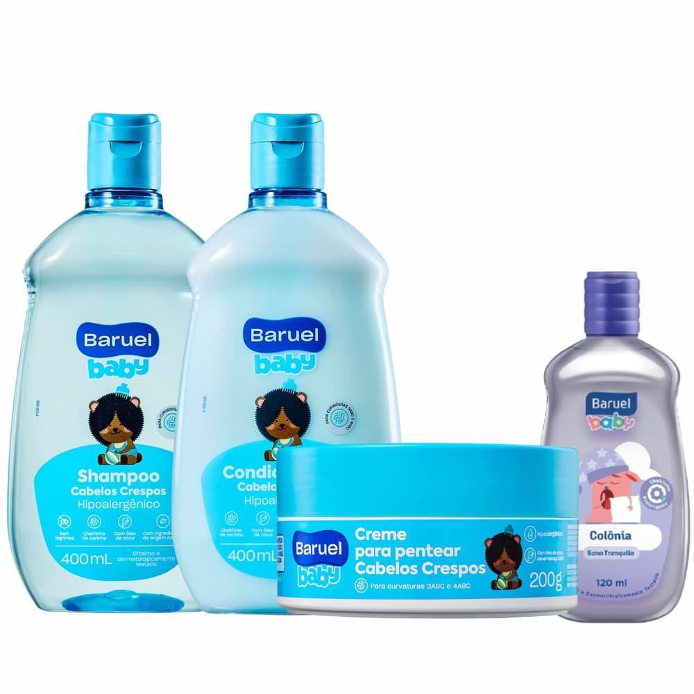 Shampoo e Condicionador + Creme para Pentear Baruel Baby Cabelos Crespos + Colônia Sono Tranquilo