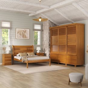 Conjunto Dormitório Guarda-Roupa, Cama King Veneziana e 2 Mesas de Cabeceira Dubai Mogno Mel