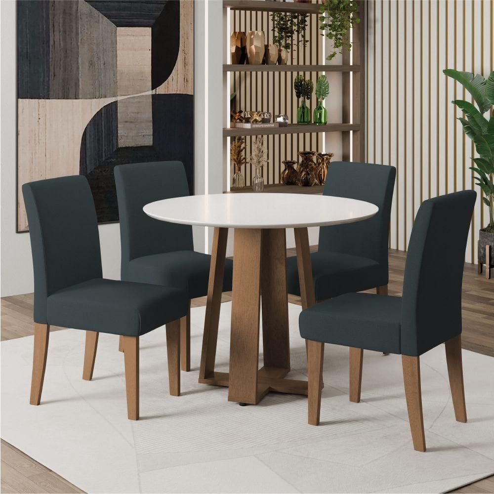 Conjunto De Mesa Sala De Jantar Athenas Redonda 1,03m 4 Cadeiras Trieste Cedro Off White Chumbo