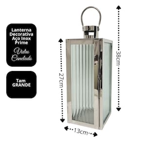 Lanterna Decorativa Inox e Vidro Canelado Luxo 38cm x 13cm - Mabruk