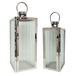 Jogo 2 Lanternas Decorativa Inox e Vidro Canelado Luxo 49cm e 38cm - Mabruk