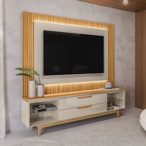 Rack para TV Até 70 Polegadas Anjos 2 Gavetas Ripado com Led Tauari/Off White Brilho - Pnr Móveis