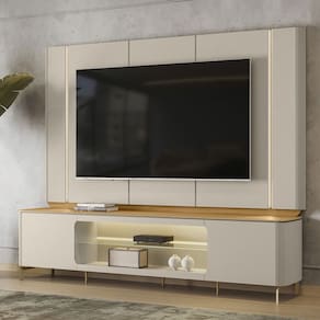 Rack com Painel para TV Até 75 Polegadas Elven 2 Portas com Vidro e Led Tauari/Off White - Pnr Móveis
