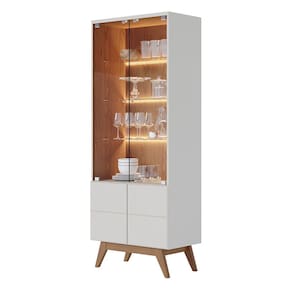 Cristaleira com Portas de Vidro e Led Cozinha Moon Off White Matte/Freijó C04 - D`Rossi