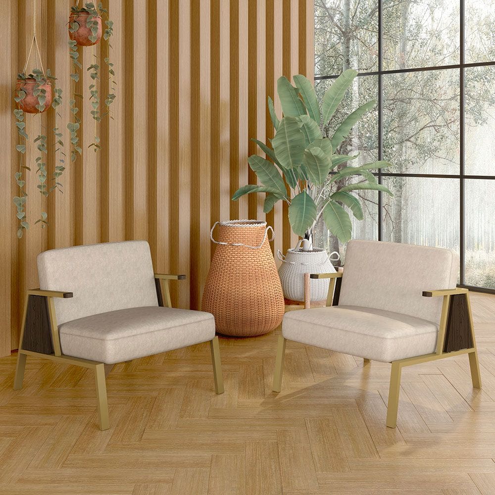 Kit 2 Poltronas Decorativa Newark Dourado/imbuia/suede Bege - M.a