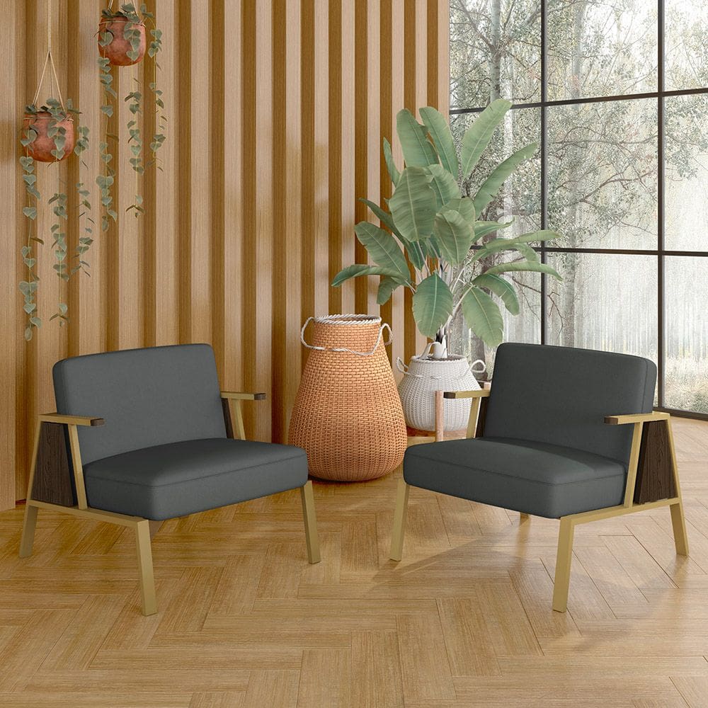 Kit 2 Poltronas Decorativa Newark Dourado/imbuia/suede Cinza - M.a