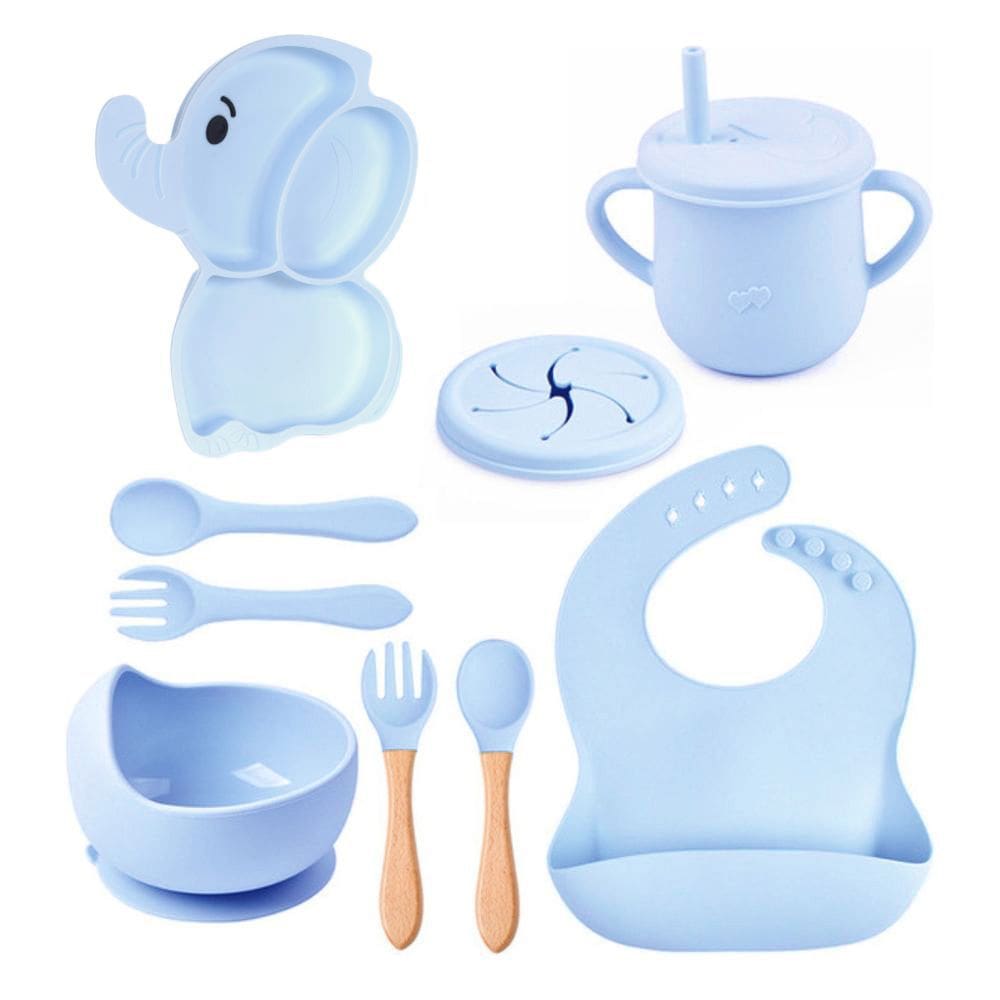 Kit Introdução Alimentar Bebê Silicone Prato Talher 10 Peças Azul