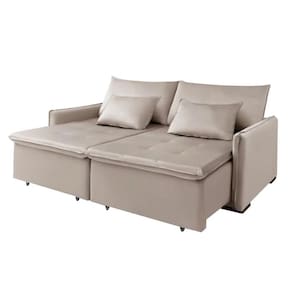 Sofá Cama 3 Lugares New Roma 2 Mts Retrátil Veludo Bege Com Pillow