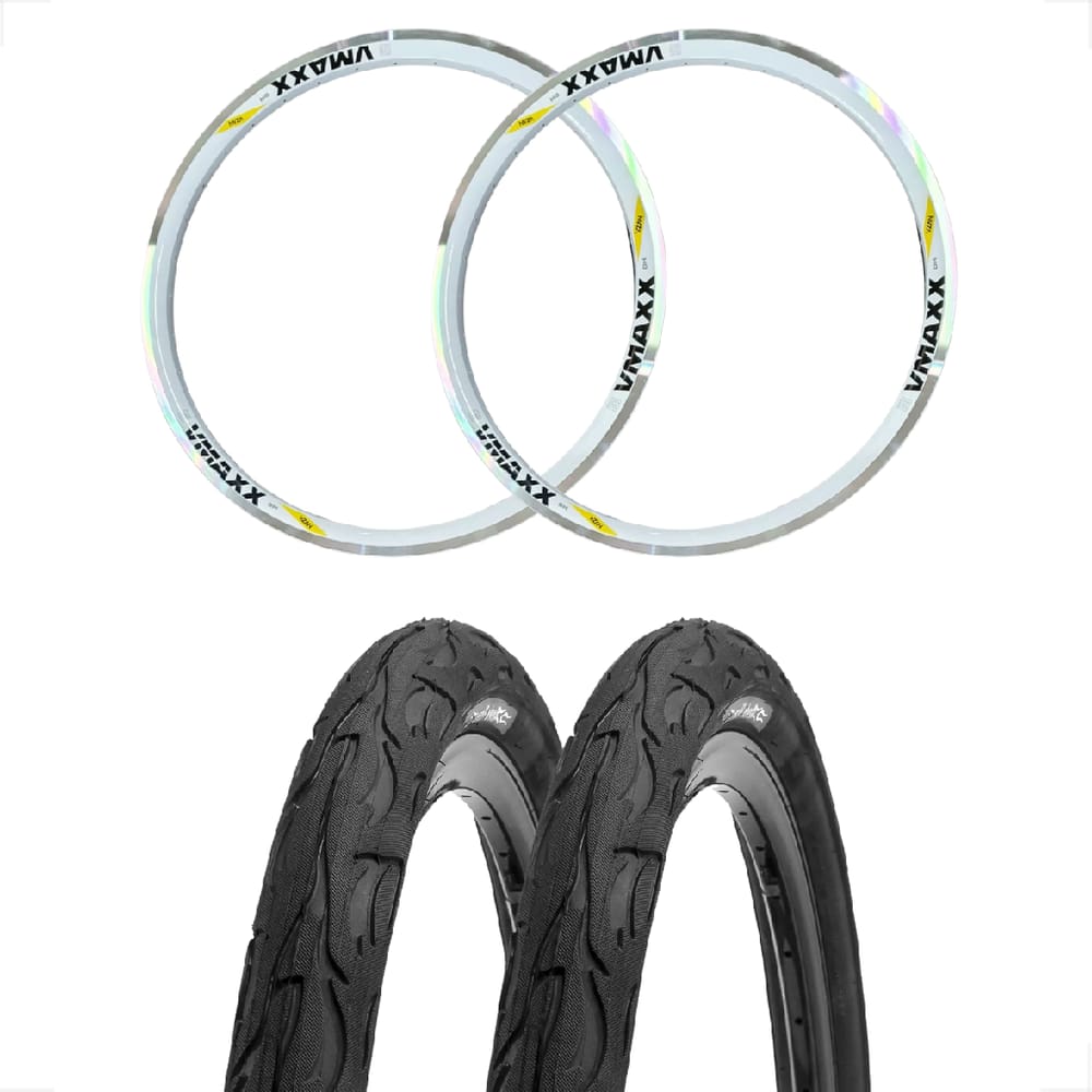 2 Pneu Kenda Flame 26 X 2.125 Slick Preto Bike + 2 Aro Vzan Vmaxx 26 Branco Sem Ilhos V-Brake