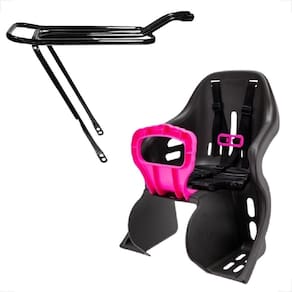 Cadeirinha Traseira Infantil Preta E Rosa Resistente 25Kg + Garupa Bagageiro Dobravel Aço Aro 26