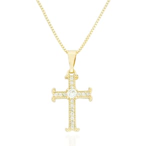 Colar Crucifixo Cravejado Cristal Banhado a Ouro
