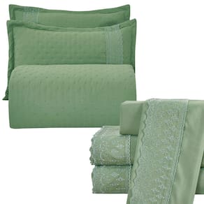 Kit Coordenado Grécia Cobre Leito + Jogo de Cama Queen Bordado Inglês 300 Fios - 7 Peças - Verde