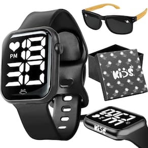 Relogio Digital Infantil + Oculos Proteção Sol Uv Haste Madeira Pulseira Ajustavel Preto Menino