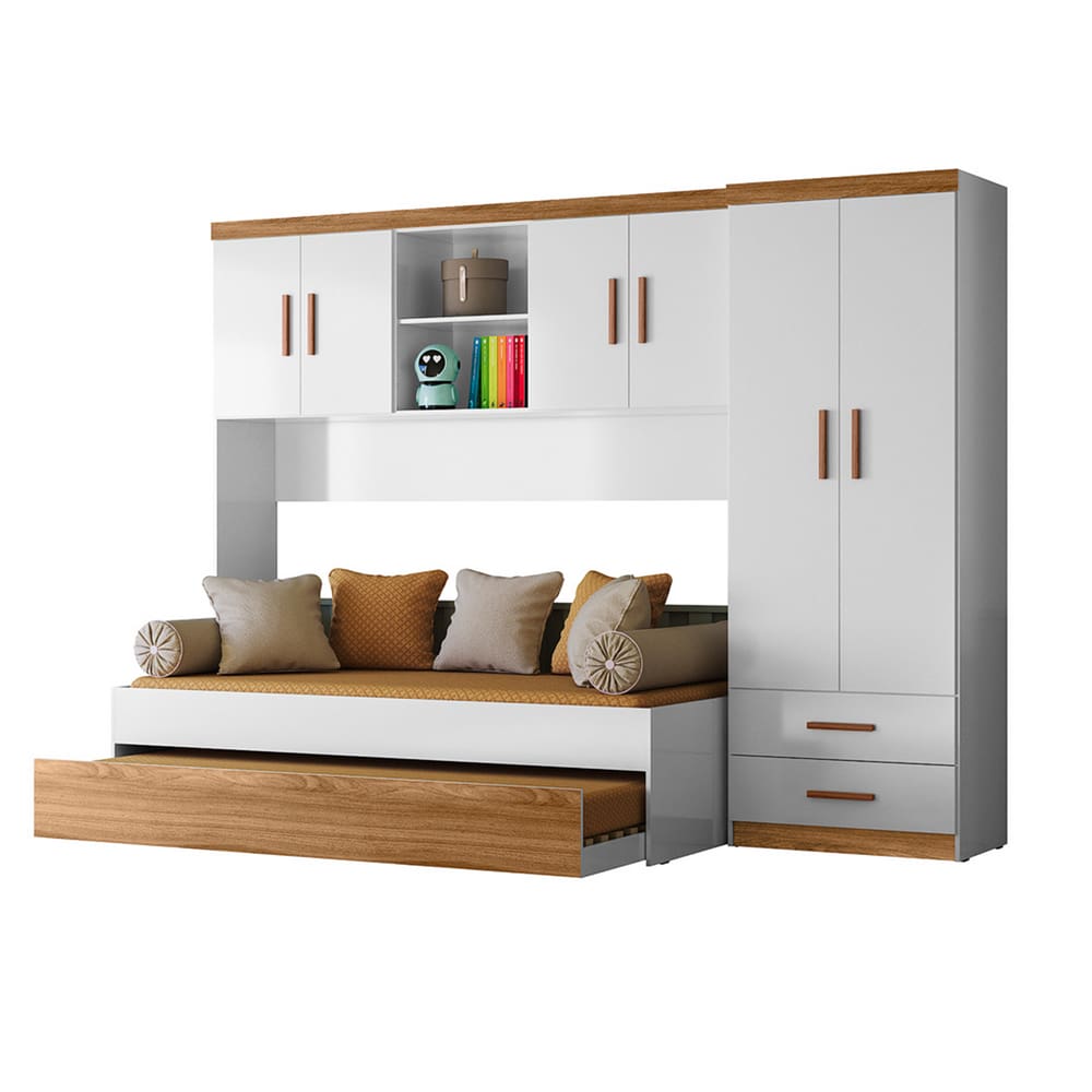 Jogo de Quarto Infantil Ônix com Cama Auxiliar e Guarda-Roupa Conjugado Nature Branco - Peternella