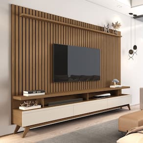 Rack com Painel para Tv 86 Polegadas Pés em Madeira Maciça Vivare Freijó/Off White