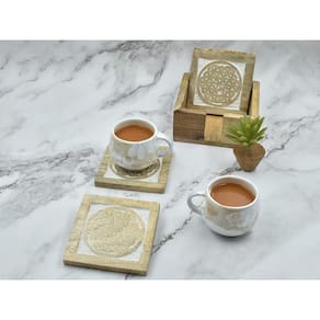 Coasters Store Indya, quadrado de madeira com suporte, conjunto de 4