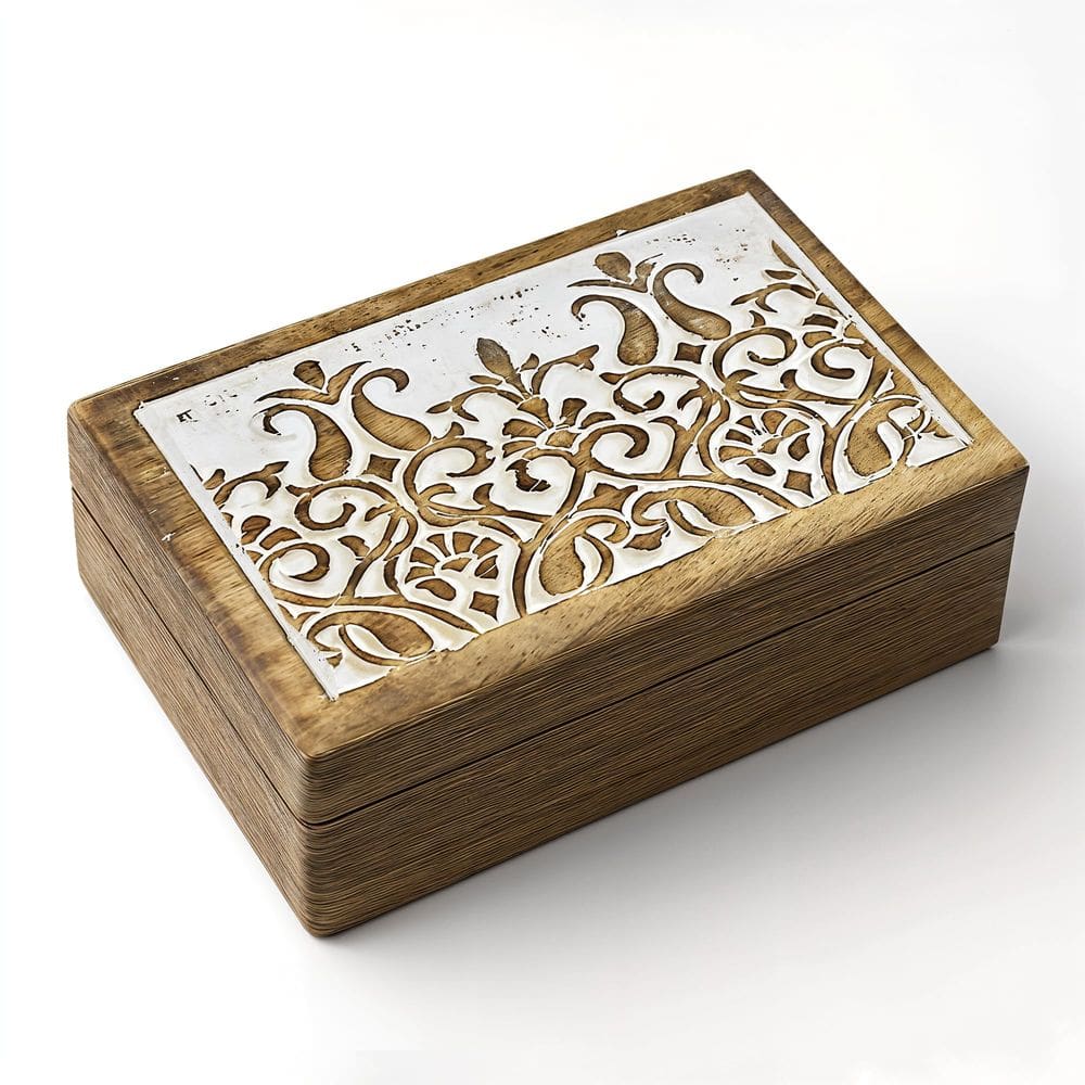 Caixa de joias de madeira STORE INDYA Floral Carving Mango Wood