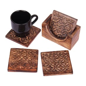 Coasters Store Indya, feito à mão, de madeira com suporte, conjunto de 4