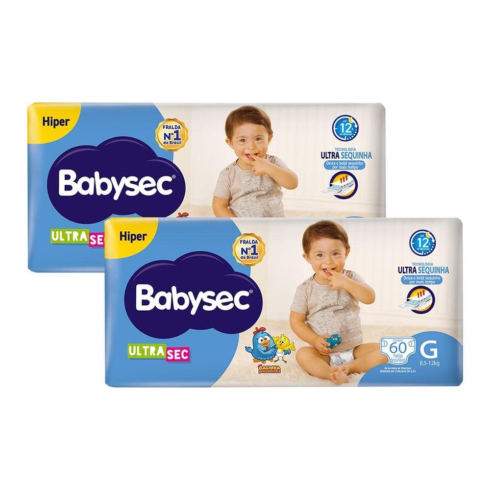 Kit 2 Fraldas Babysec Galinha Pintadinha Ultrasec Hiper Tamanho G 60 unidades cada