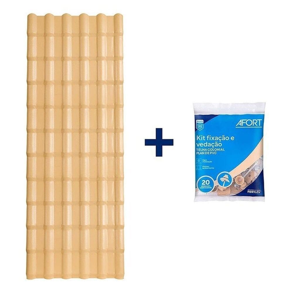 Kit com 5 Telhas Plan Pvc 2,42x0,88 6 Ondas com 4 Kit Fixação e Vedação afort Bege