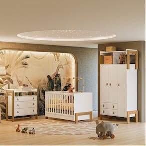 Quarto para Bebê Completo com Guarda-roupa, Berço e Cômoda fantasia Branco Acetinado