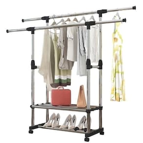 Arara Dupla Extensivel Cabideiro Organizador De Roupas Closet Quarto Loja Com Rodinhas Portatil Luxo