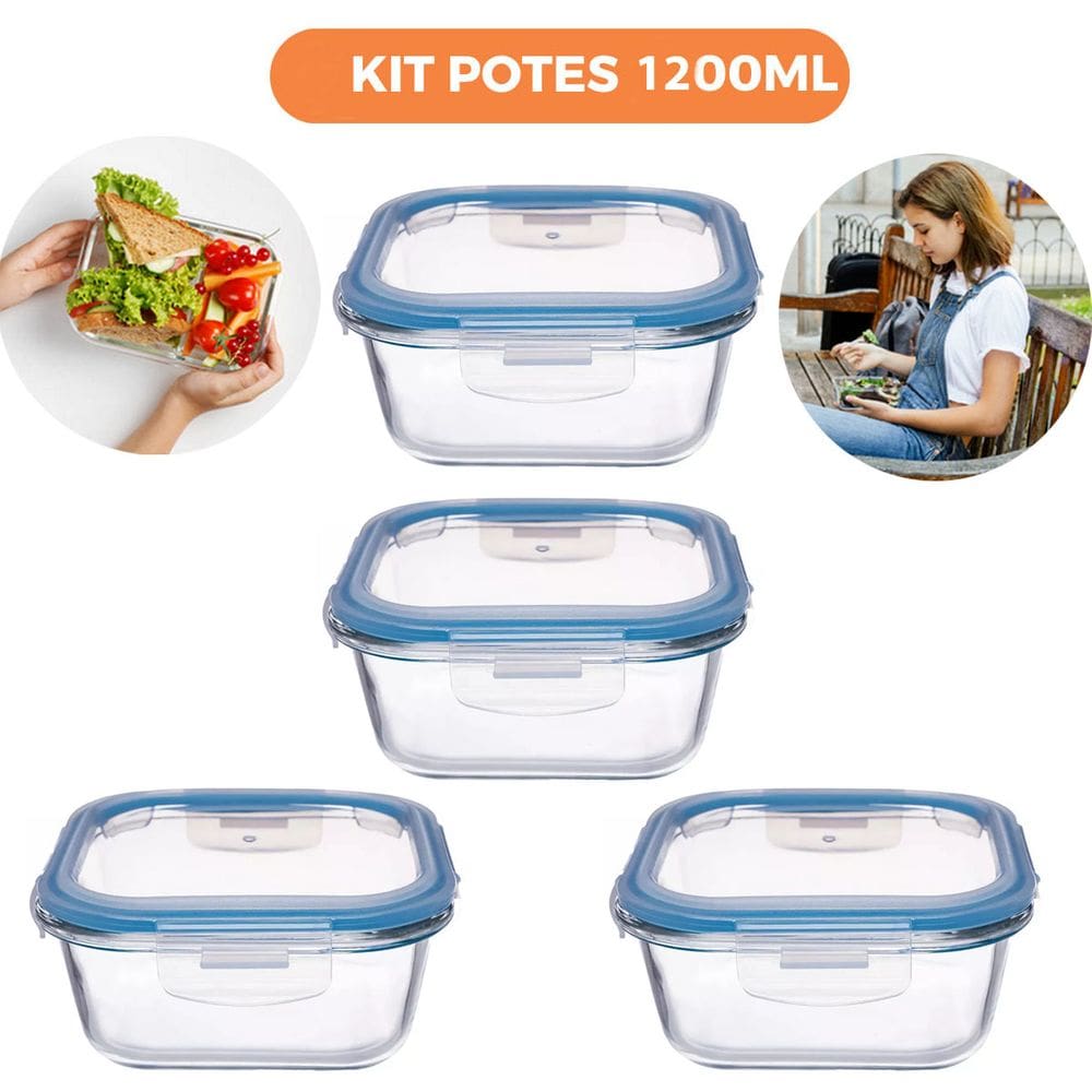 Kit 4 Pote de Vidro Hermético Quadrado 1200ml