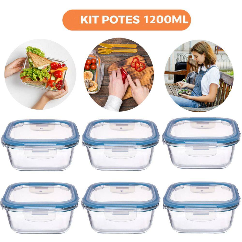 Kit 6 Pote de Vidro Hermético Quadrado 1200ml