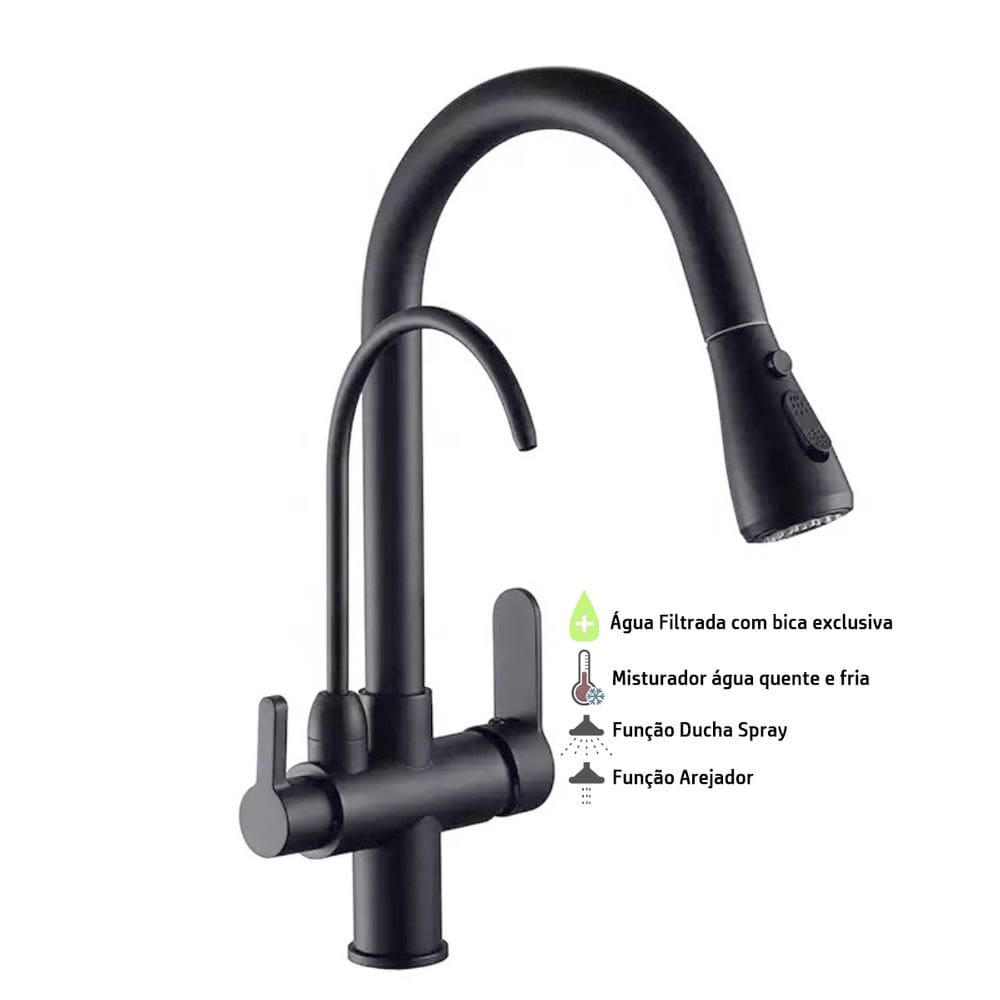 Torneira de Cozinha Extensível Monocomando com Saída de Água Filtrada Black Matte - Preto Fosco