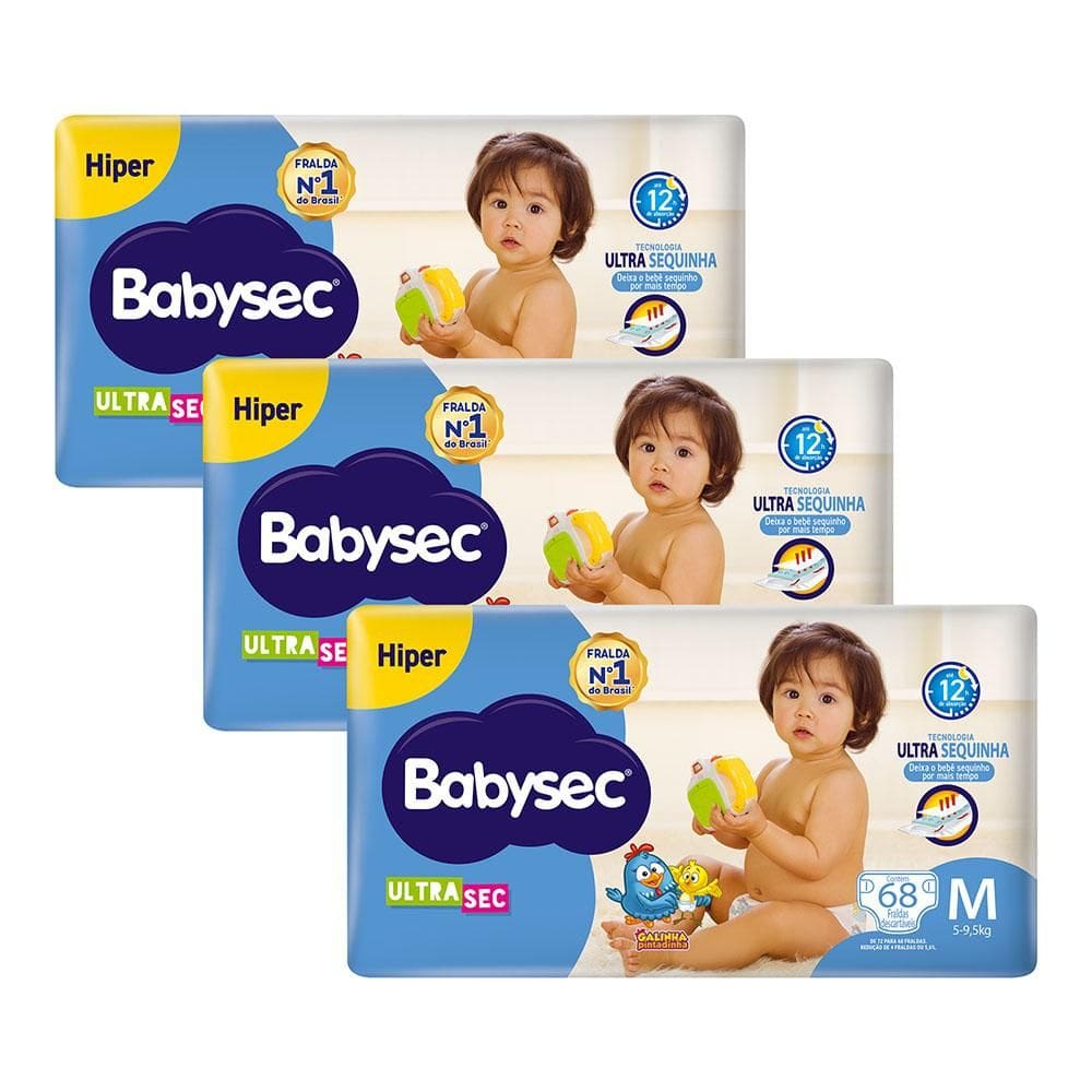 Kit 3 Fraldas Babysec Galinha Pintadinha Ultrasec Hiper Tamanho M 68 unidades cada