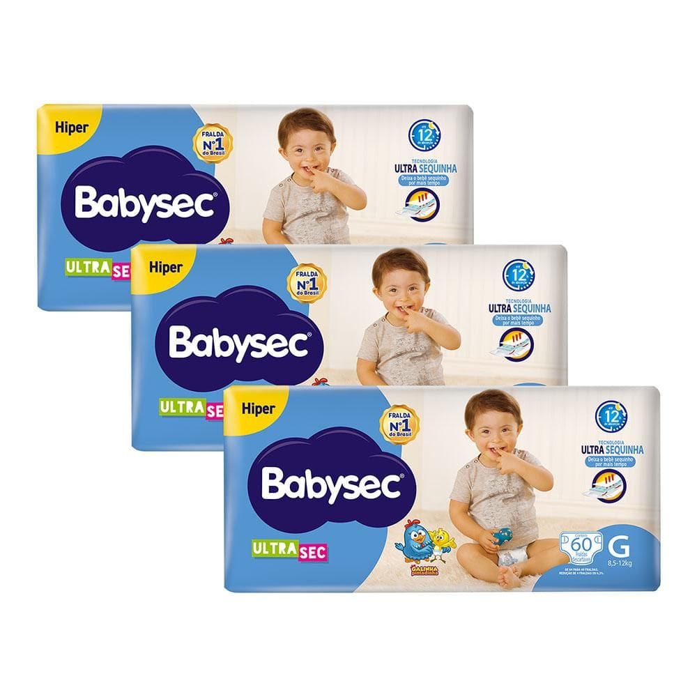 Kit 3 Fraldas Babysec Galinha Pintadinha Ultrasec Hiper Tamanho G 60 unidades cada