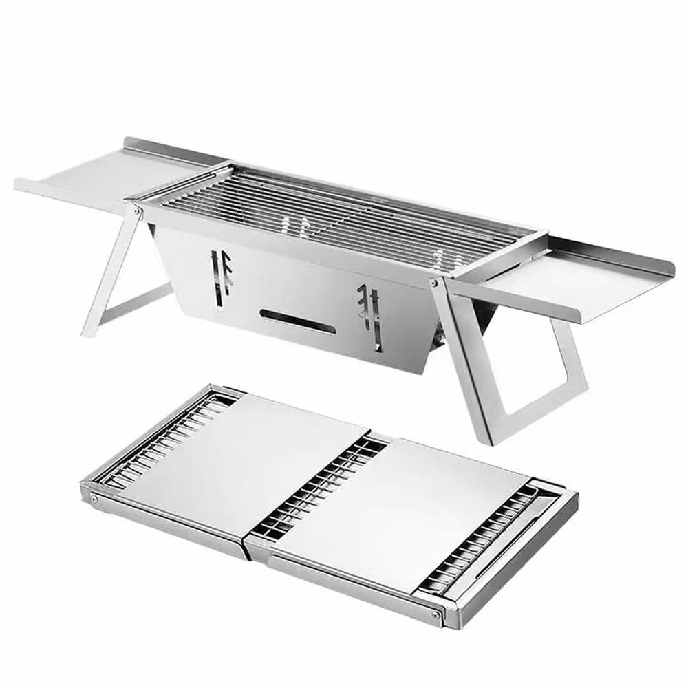 Churrasqueira Portátil Desmontável a Carvão em Aço Inox Escovado 72x17,5cm Flex Grill Para Camping, Pesca e Pequenos Espaços